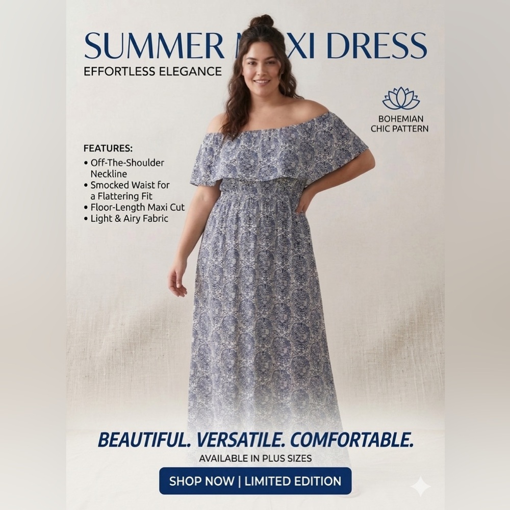 Plus Size One-Shoulder Blue Paisley Maxi Dress